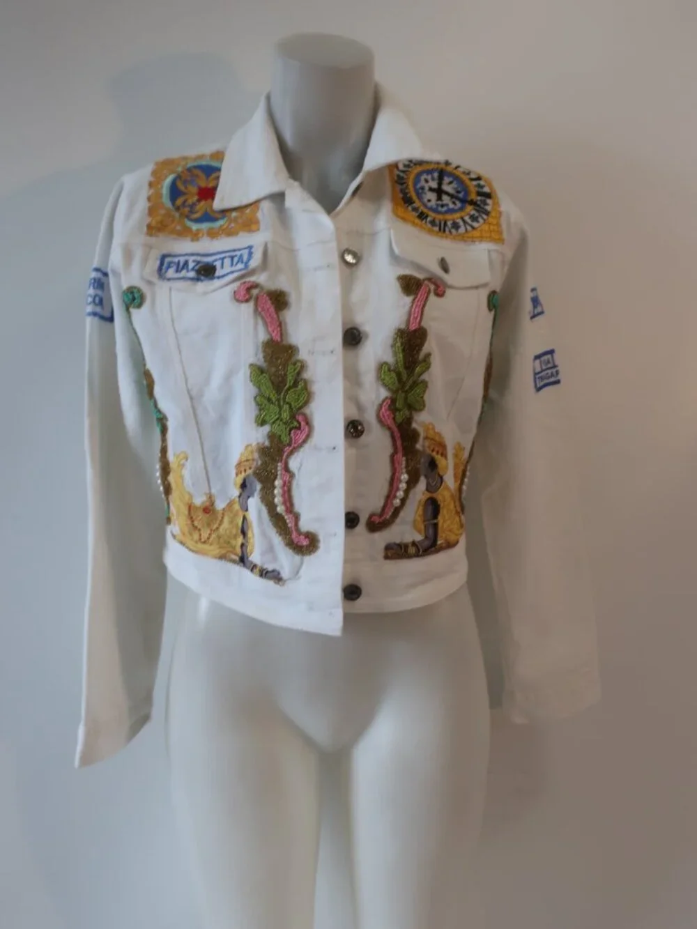 NWT Womens Antica Sartoria By Giacomo Cinque Wht Embroidered Bead Denim Jacket S - Picture 2 of 13